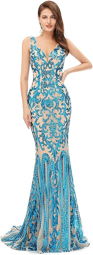Women's Double V-Neck Sequins Lace-up Mermaid Evening Dress