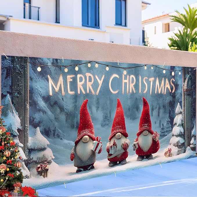 Christmas Garage Door Banner 7x16FT, Cute Christmas Gnomes Garage Door Cover, Large Outdoor Holiday Garage Decoration for Driveway, Porch and Winter Party Backdrop
