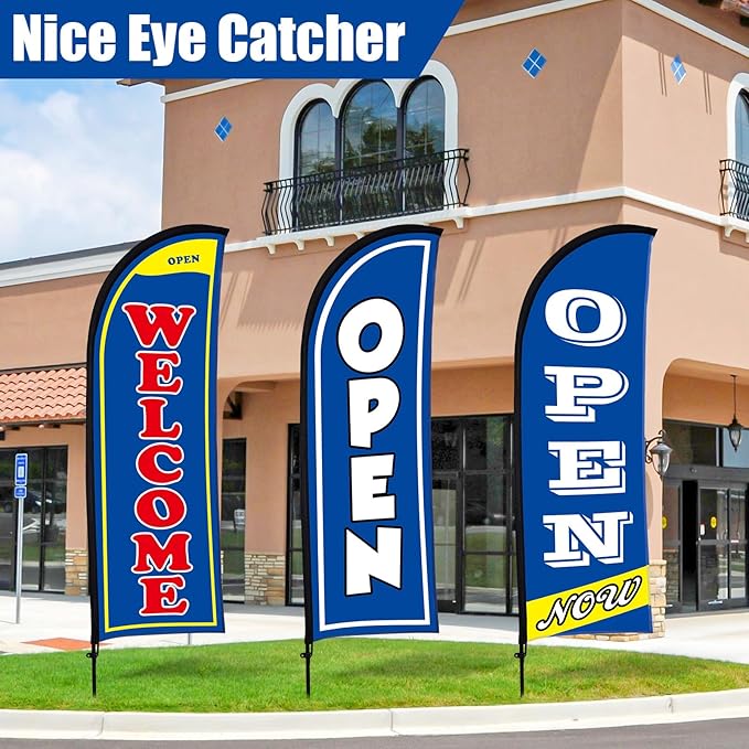 Buryeah 3 Sets Now Open Feather Flag Banner for Business Advertising 7 Feet Tall Grand Opening Feather Flag Sign with Fiberglass Pole Kit Rotating Ground Spike and Portable Bag (Blue)