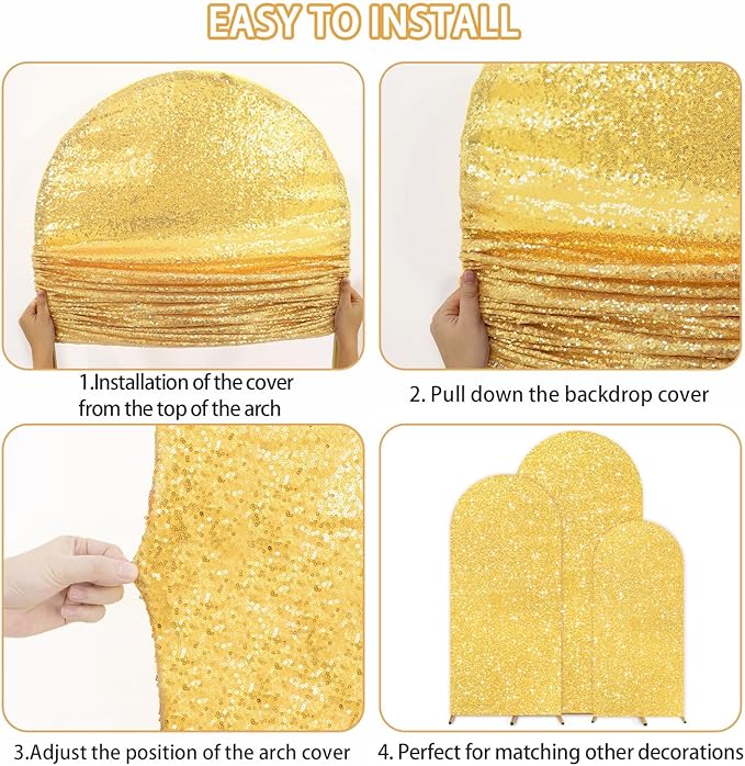 FUHSY Gold Arch Cover Set of 3 Sequin Backdrop Cover Chiara Spandex Cover for Arch Glitter Wedding Arch Covers Stretchy Backdrop Fabric for Birthday Party Balloon Arched Stand Decor 4ft 5ft 6ft