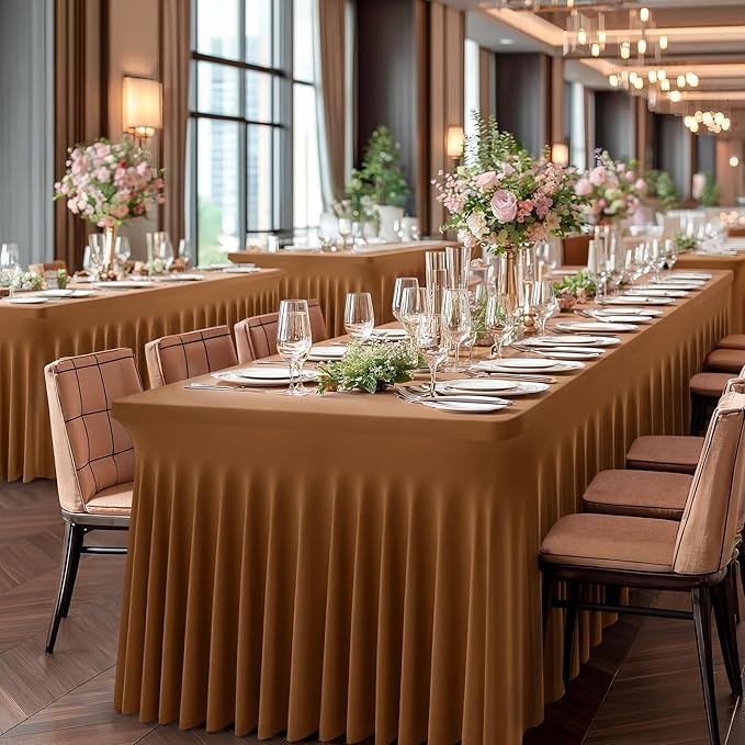 2 Packs Brown Table Clothes for 6 Foot Rectangle Tables, Wrinkle Resistant Stretch Spandex Table Covers Fitted Tablecloth with Skirt for Event Banquet Wedding Birthday Party