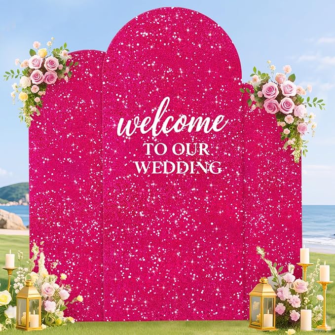 FUHSY Arch Backdrop Cover Set of 3 Hot Pink Arch Covers Stretchy Backdrop 7.2FT, 6.6FT, 6FT Balloon Chiara Backdrops Arched Cover Spandex Sequin Fabric for Birthday Party Baby Shower Ceremony Decor