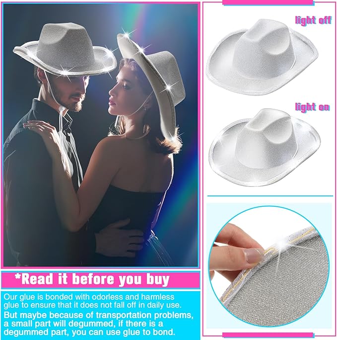 20 Pack Lights Cowboy Cowgirl Hat LED Flashing Light Up Hat for Western Bachelorette Party Wedding Bridal