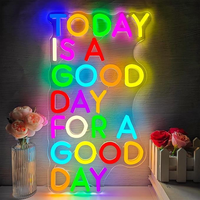 Today Is A Good Day For A Good Day Neon Signs for Wall Decor Dimmable Inspirational Led Sign Colorful Words Neon Lights for Classroom Bedroom Office Cafe Wall Decor