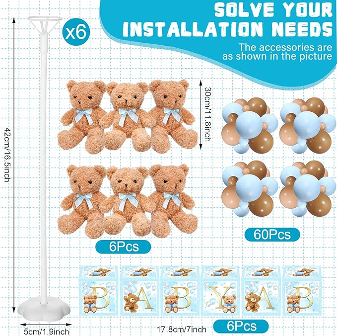 Lenwen 6 Sets Baby Letter Boxes Decorations Table Centerpieces for Baby Shower Gender Reveal,Bear Stuffed Animals Balloon with Stand Plush Toy Boxes for Birthday Party Wedding(Bear,Blue)