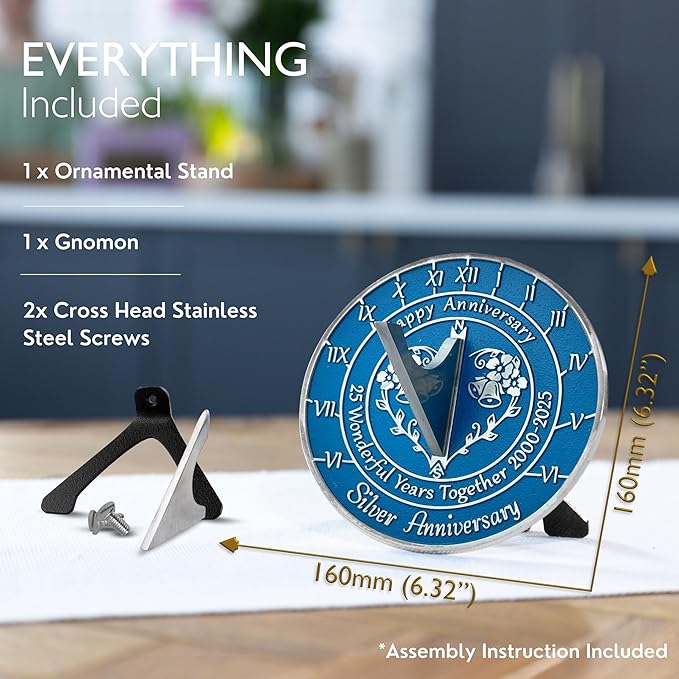 Anniversary Sundial Gift for 25th Silver Wedding Anniversary in 2025 - Recycled Metal Home Decor Or Garden Present Idea - Handmade in UK for Him, Her Parents Or Couples 25 Year Celebration