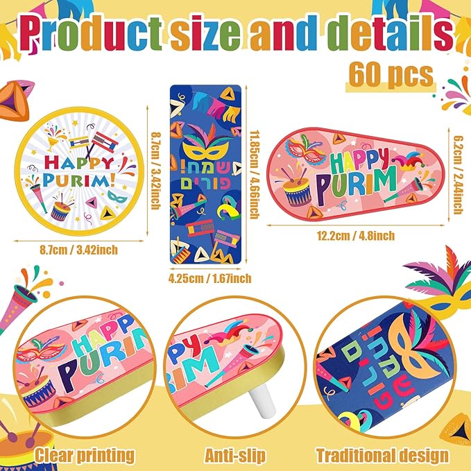60 Pcs Metal Purim Gragger Noise Makers for Sporting Event Colorful Party Noise Makers Bulk Novelty Assorted Purim Gragger Party Favor for Holiday, Football Games, Pep Rally Supplies (Stylish)