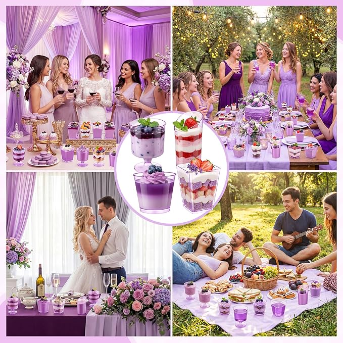 300 Pack Clear Purple Mini Dessert Cups with Spoons 5oz 3oz Plastic Square Slanted Parfait Appetizer Shooter Round Goblet for Dessert Table Birthday Party Ice Cream Pudding Mousse Yogurt