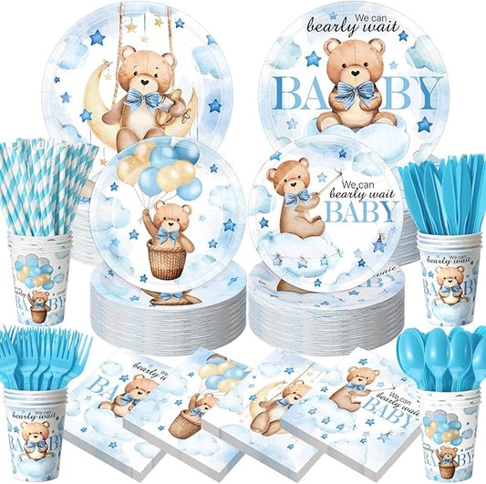 450 Pcs Blue Bear Baby Shower Tableware Set Decorations, We Can Bearly Wait Paper Plates Napkins Cups Cutlery Straws for Blue Baby Shower Gender Reveal Birthday Party Supplies, Serves 50