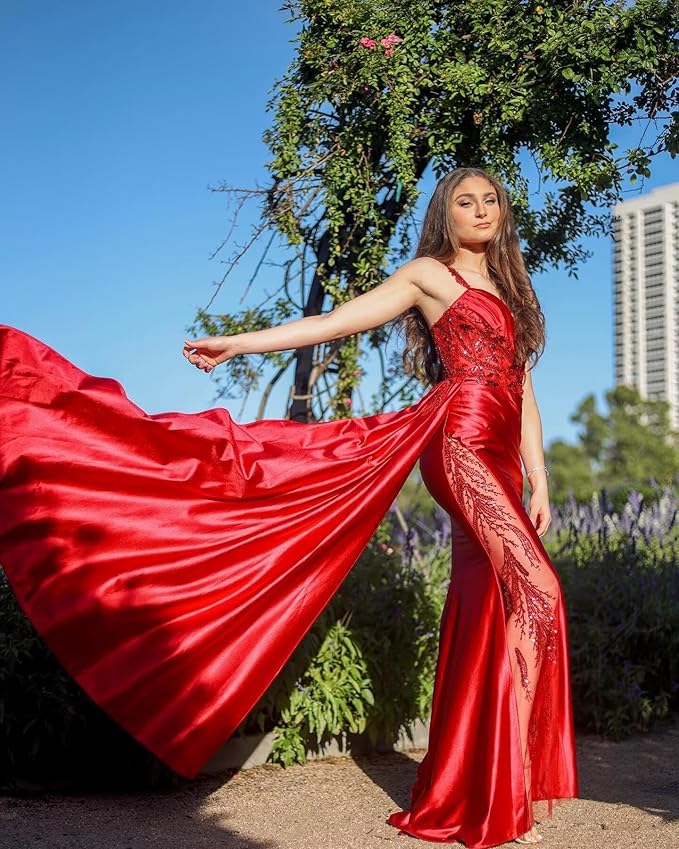 V Neck Satin Prom Dresses Long Mermaid Lace Evening Gown with Slit Pleated Bodycon Formal Dress with Tail