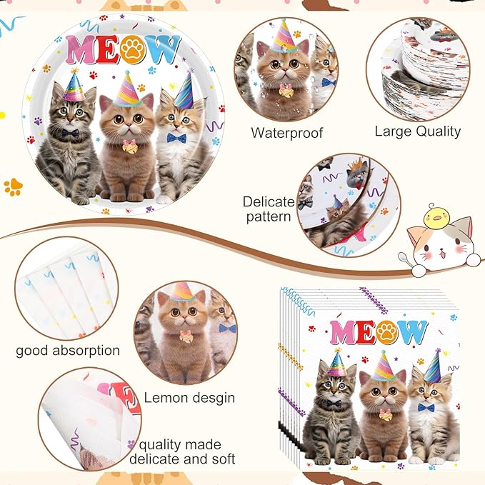 452 Pcs Cat Birthday Party Decorations for 50 Guests, Cat Paper Plates Napkins Cups Tablecloth Cutlery Straws Disposable Tableware Set for Kitten Lover Birthday Party Supplies
