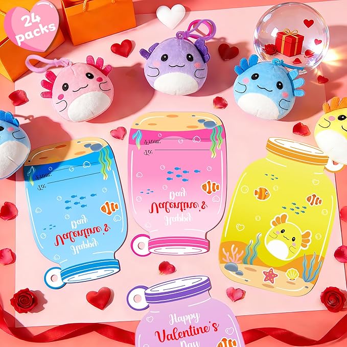Valentines Day Cards Gifts for Kids Classroom, 24 Pack Axolotl Plush Toy Keychains with Valentines Greeting Cards for Boys Girls Toddlers, Stuffed Animals Set for Class Student School Exchange Party Favors