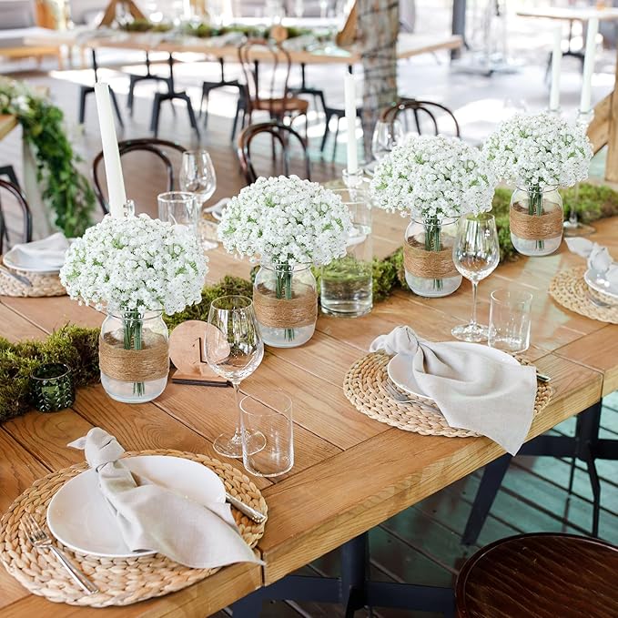 43 Pcs/ 6 Set Babybreath Mason Jar Table Centerpiece Mason Jar Vases Faux Floral with Rope Boho Rustic Flower Table Decoration for Reception Engagement Party Bridal Shower Wedding