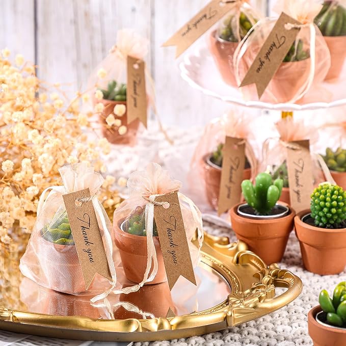 MTLEE 48 Pcs Succulent Tealight Candles - Wedding Party Baby Shower Valentines Gifts Birthday Pack with Terracotta Pot, Organza Bag, Tags, Twines