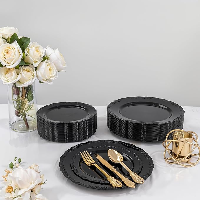 DaYammi 60PCS Black Plastic Plates, Heavy Duty Black Disposable Plates Premium 10inch Dinner Platos Hard Plastic Platos Disposable for Party and Wedding Bridal Shower
