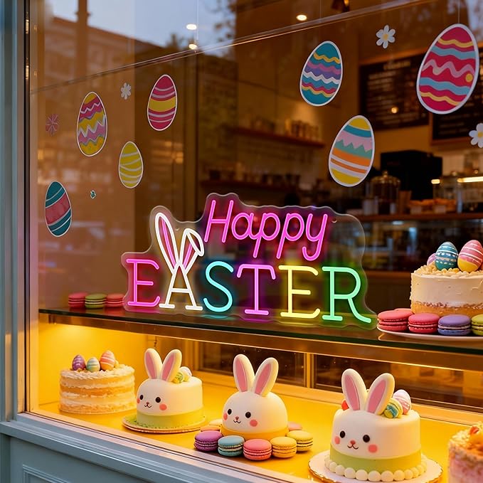 Happy Easter Neon Sign, Dimmable Led Sign Bunny Wall Decor, Easter Decorations for Home Window Living Room Party Spring Décor