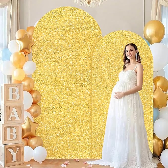 FUHSY Set of 2 Arch Backdrop Cover Gold Wedding Arch Covers 7.2FT, 6FT Chiara Arched Covers Stretchy Backdrops Sparkle Spandex Sequin Backdrop Arches Cover for Balloon Birthday Party Graduation Decor