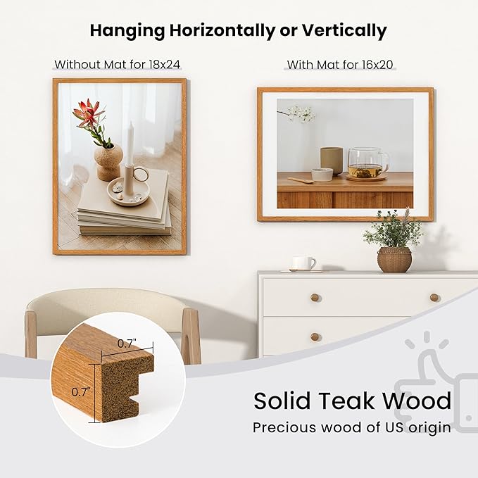 Axeman 18x24 Poster Frame with Mat for 16x20 - Solid Teak Wood Picture Frame with Tempered Glass, Wooden 18''x24'' Minimalist Photo Frame with Free Hooks for Art Photo and Prints, Natural Teak