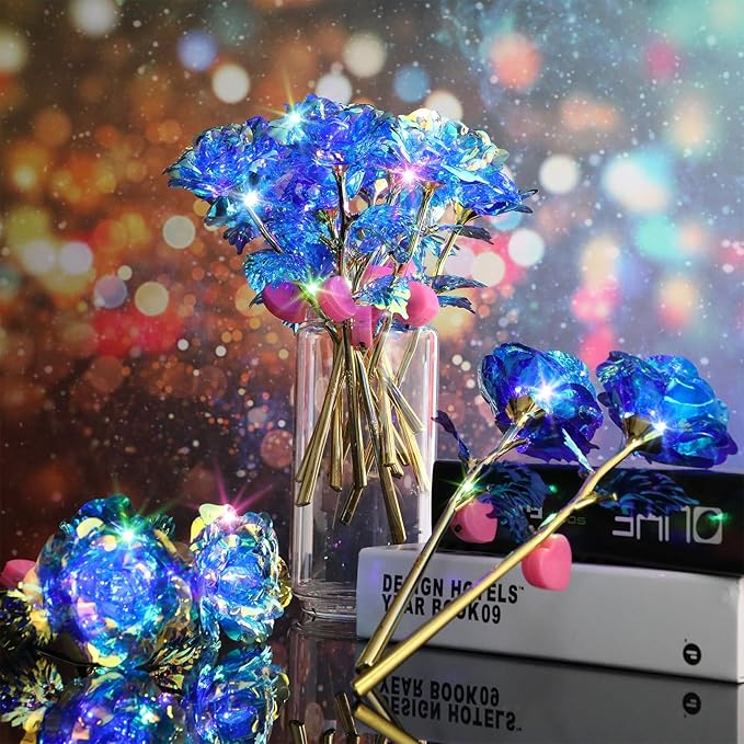Lyrow 24 Pcs Valentines Galaxy Rose LED Light up Rose Flower Gifts Crystal Artificial Rainbow Flower for Valentine Lover Girlfriend Mom Her Mother's Day Birthday Wedding Gift, 9.84 Inches (Blue)