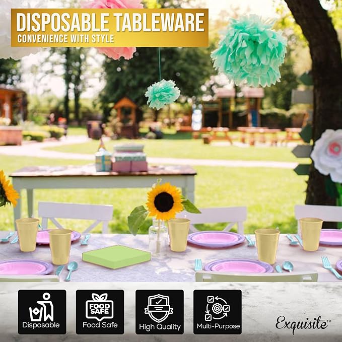 Party Solids 350 Pieces Easter Plates For Party, Easter Disposable Plates Set, 50 Of Each 9" Dinner Plate Set, 7" Dessert Plate, Cups, Napkins & Cutlery Plastic Dinnerware