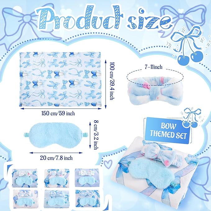 18 Pcs Sleepover Party Supplies for Girls, 6 Style Cute Blue Bow Blanket 6 Coral Fleece Spa Headband 6 Plush Blue Eye Mask Cover for Slumber Sleepover Spa Party Gift