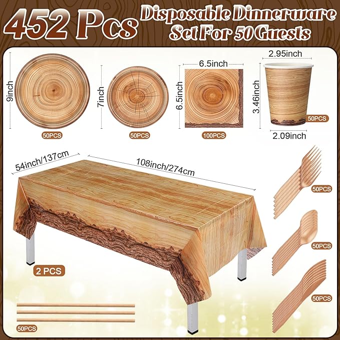 452 Pcs Camping Wood Grain Party Decorations Rustic Wood Disposable Paper Plates Napkins Cups Tablecloth Cutlery Straws for Forest Themed Party Decorations Hunting Birthday Supplies