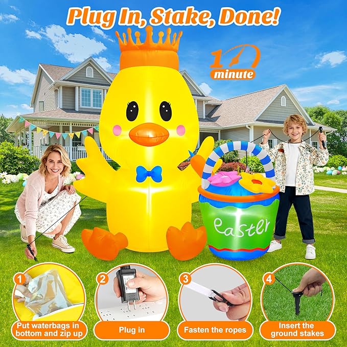 Danxilu 6 FT Tall Easter Inflatables Outdoor Decorations, Giant Blow Up Chick with Flower Basket & Crown, Built-in LED Lights Yard Decor for Outside Indoor Party Patio Lawn Holiday Spring