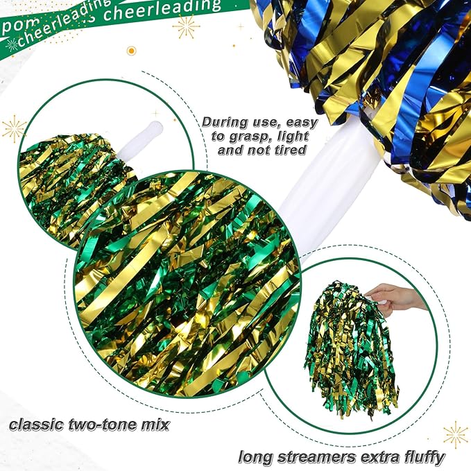 Hanaive 100Pcs Metallic Cheerleading Pom Poms with Baton Handle Cheerleader Pompom Foil 30g Cheering Squad Hand Flowers for Adults Team Spirit Sports Party Cheering