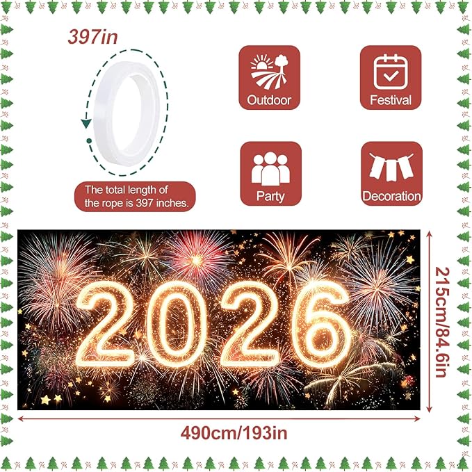 2026 New Year Garage Door Banner 7x16FT, Neon Glow 2026 Fireworks Garage Door Cover, Large Outdoor Happy New Year Decoration Backdrop for Garage Door, Fence, Yard, Party Photo Booth