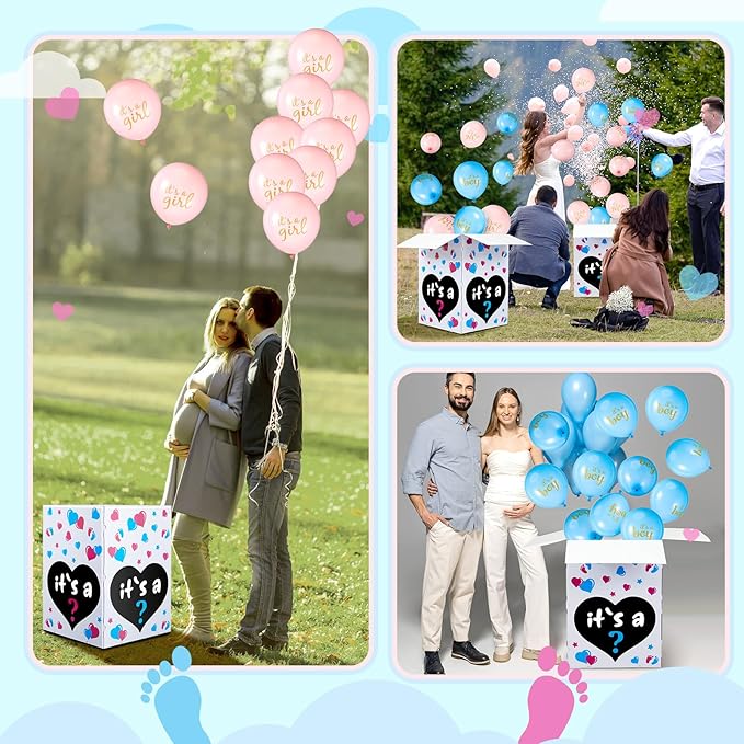 Ireer Gender Reveal Balloon Box with 16 Latex Baby Balloon Release Box Funny Ideas for Gender Reveal Party Decorations Supplies(Boy and Girl,Pink,Blue)