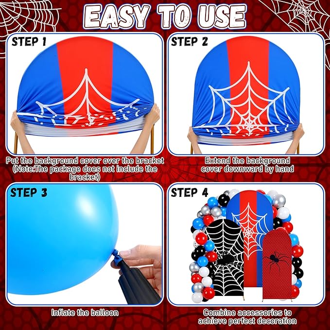 34 Pcs Spider Birthday Party Decorations 3 Spider Web Arch Backdrop Covers (4/5/6ft) Web Spandex Arch Cover with 30 Red Blue and Black Silver Balloons for Birthday Party Photo Props Decor