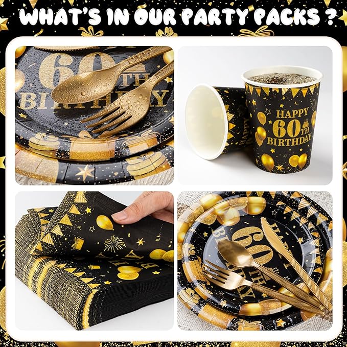 350PCS 60th Birthday Party Decorations for 50 Guests Black and Gold Party Supplies Include Disposable Paper Plates, Napkins, Cups, and Tableware