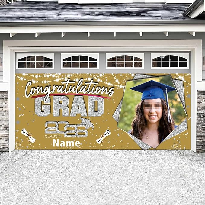 Custom Garaduation Garage Door Banner Cover 16 x 7 ft Class of 2026 Congrats Grad Party Backdrop Personalized Graduation Decoration(Gold and Silver)
