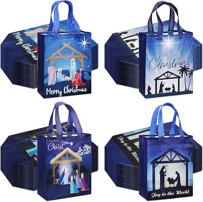 Wesnoy 48 Pcs Nativity Christmas Gift Bags Bulk 10 x 8 x 4 Inch Reusable Non Woven Jesus Goodie Bags with Handles- Large Christian Candy Treat Totes for Religious Holy Night Holiday Party Favor