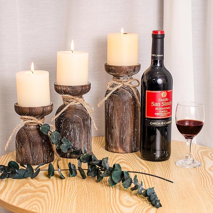 Farmhouse Wooden Candle Holders for Pillar Candles, Brown Distressed Set of 3 Rustic Wood Pillar Wood Candle Stands with Hemp Rope Bow Table Centerpiece Decor for Fireplace, Living, and Dining Room