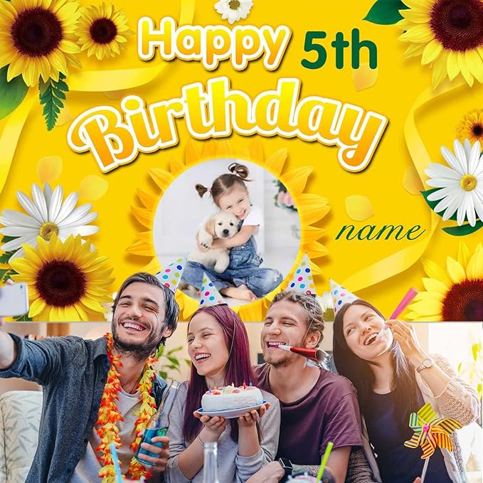 Custom Sunflower Happy Birthday Party Decorations Supplies Personalized Sunflower Birthday Backdrop Banner(5x7.5ft)