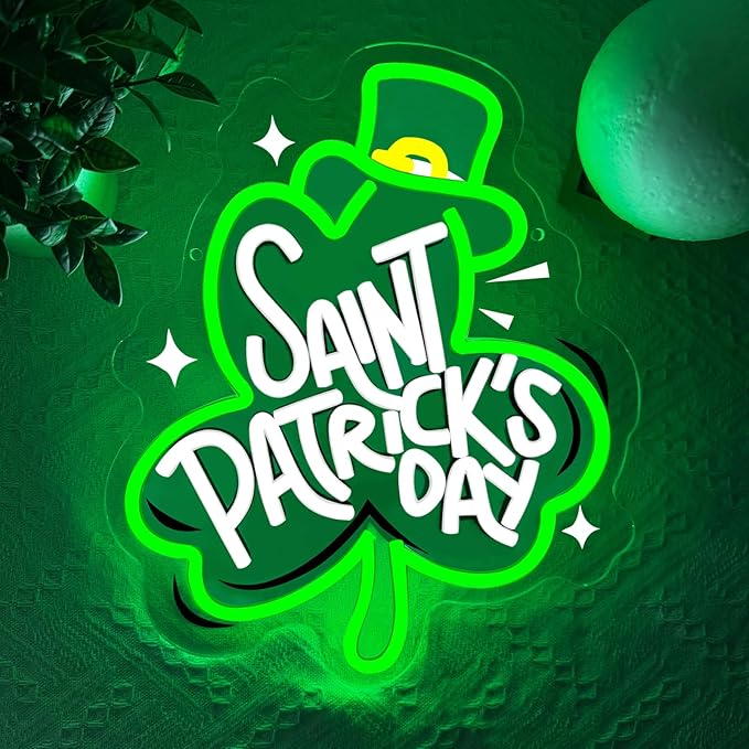 St Patrick's Day Neon Sign, Lucky Clover Happy St Patrick's Day Led Neon Light Signs for Wall Decor Party Favor Green Lucky Leaf Sign for Arbor Day Store Decorations Gift Dimmable USB Powered