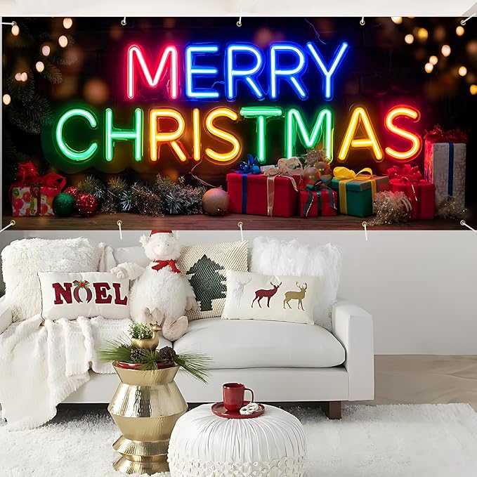 Colorful Neon Merry Christmas Garage Door Banner 7x16FT, Bright Holiday Sign for Xmas, Outdoor Decoration for Garage Doors, Large Garage Cover for Christma
