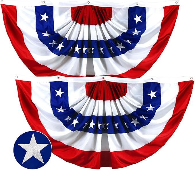 G128 – 2 Pack: USA Pleated Fan Flag, 4x8 Feet American USA Bunting Decoration Flags EMBROIDERED Patriotic Stars & Sewn Stripes Canvas Header Brass Grommets