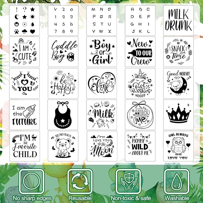 Panitay 126 Pcs Baby Shower DIY Bodysuit Set Bib 25 Blank White Newborn Bodysuit 25 Stencils 24 Marker 1 Sign 50 Pins(Dinosaur)