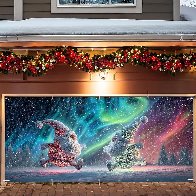 Christmas Garage Door Banner 7x16FT Dancing Gnomes Under Aurora, Holiday Garage Door Cover for Outdoor Decorations & Yard Displays