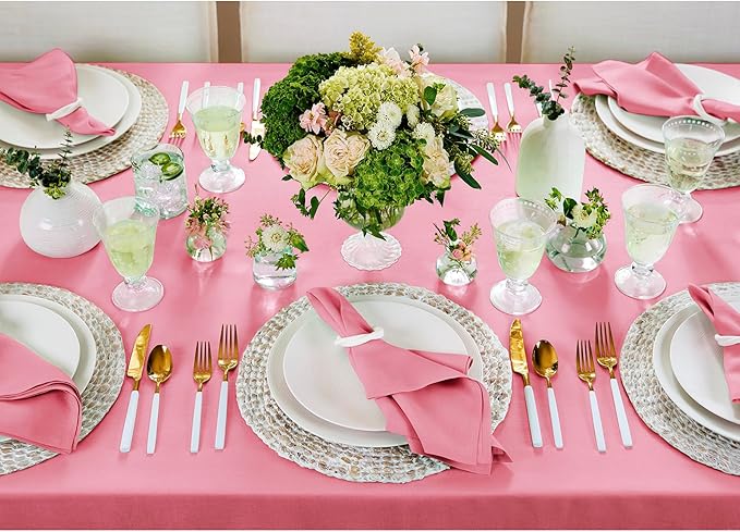 Solino Home Linen Tablecloth for Rectangle Tables 60 x 120 Inch - 100% Pure Linen Pink Carnation Table Cloth - Fete, Machine Washable Cloth Tablecloth for Valentines, Spring, Easter