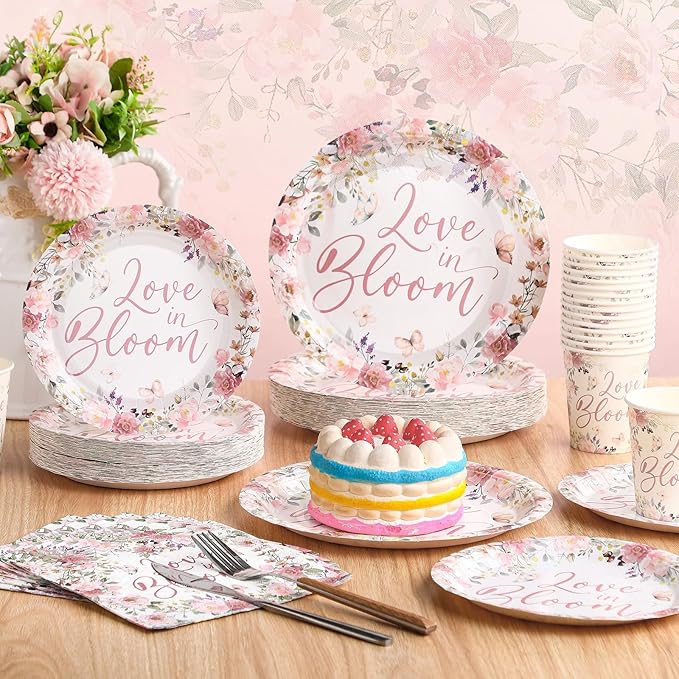 Zhehao 250 Pcs Love in Bloom Bridal Shower Plates Napkins Sets 50 Pcs 9'' Dinner Plates and 7'' Dessert Plate and 9oz Cups 100 Napkins Serves 50 Party Supplies Bridal Shower Engagement Decoration