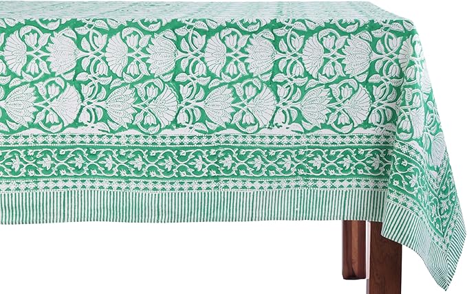 ATOSII Meadow Green 100% Cotton Fall Tablecloth, Handblock Print Rectangle Table Cover for Kitchen Dining Linen I Parties, Weddings, Outdoors, Easter Table Cloth Decor 60 X 90 Inches I 6 Seater