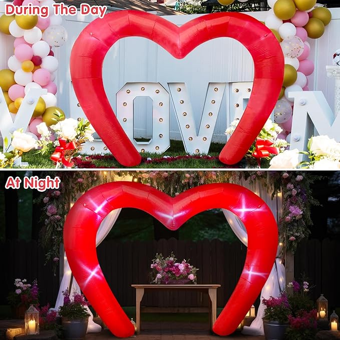 9 * 4.5FT Red Valentine Inflatables Outdoor Decorations Heart Shaped Blow up Inflatable Archway with Build in LED for Indoor Outdoor Party Lawn Yard Garden Anniversary Wedding Decor