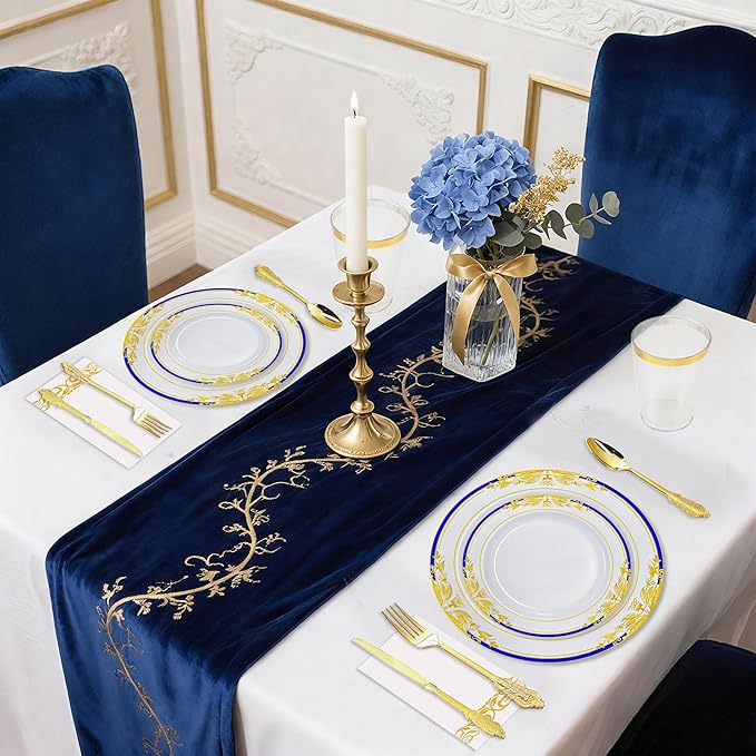 MENDENG 350pcs Plastic Plates for Party Plates Disposable Heavy Duty Platos Desechables Elegantes for Wedding Reception Thanksgiving Christmas Plates and Cups and Napkins and Gold Cutlery Sets