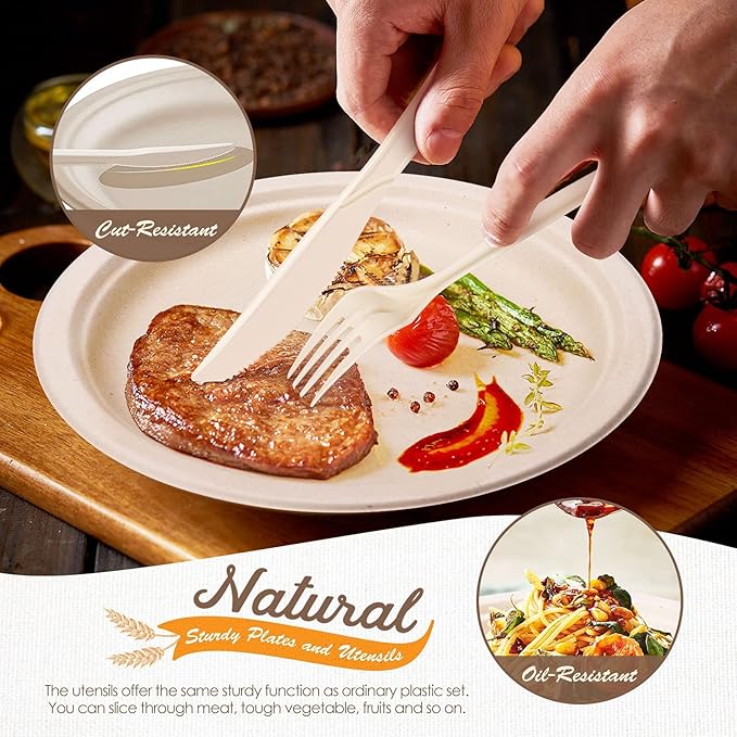 Gezond 350pcs Compostable Paper Plates Set Eco-friendly Heavy-duty Disposable Paper Plates Cutlery Includes Eco-friendly Plate, Forks, Knives, Spoons, Cups and Straws for Wedding Party, 50 Guests