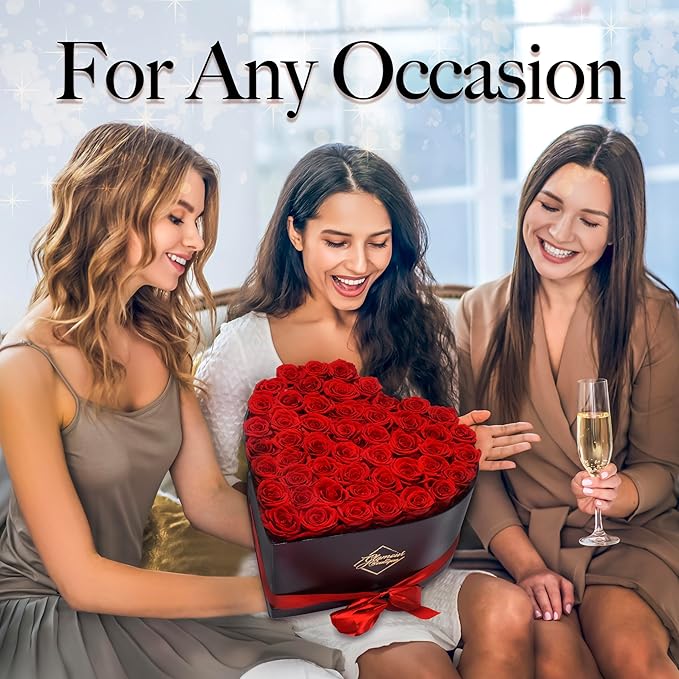 GLAMOUR BOUTIQUE 50 Flower Forever Heart Shape Box, Eternal Preserved Roses Gift for Her, Lasting Flowers, Grand Floral Heart Arrangement for Birthday, Anniversary Valentine’s Day, Red (Color-Treated)