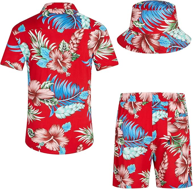 EISHOPEER Men's Flower Hawaiian Sets Casual Short Sleeve Shirt and Shorts Suits Outfits with Bucket Hats