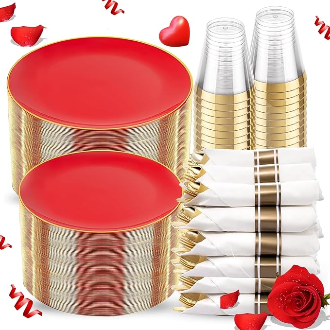 KIRE 350PCS Red Plastic Plates - Heavy Duty Red Plates Disposable - 50Guest Plastic Dinnerware Include 50Dinner Plate,50Dessert Plate,50Pre Rolled Napkins with Silverware for Valentine's Day&Wedding